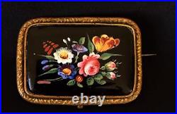 Antique Victorian Enamel Brooch Floral Gold Hand Painted Watch Pin Repousse Vtg