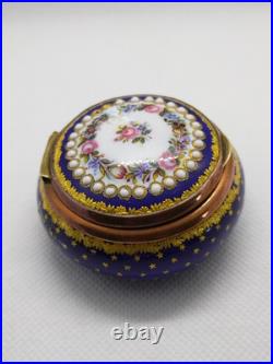 Antique Victorian Enamel Gilded Trinket Box hand Painted Flowers and Stars 1850