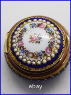 Antique Victorian Enamel Gilded Trinket Box hand Painted Flowers and Stars 1850