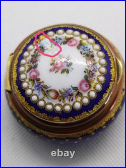 Antique Victorian Enamel Gilded Trinket Box hand Painted Flowers and Stars 1850