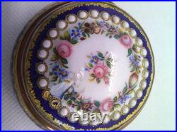 Antique Victorian Enamel Gilded Trinket Box hand Painted Flowers and Stars 1850