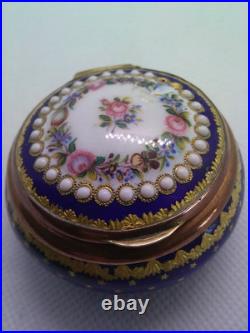 Antique Victorian Enamel Gilded Trinket Box hand Painted Flowers and Stars 1850