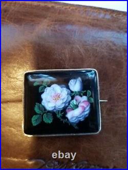 Antique Victorian Enamel Rose Peony Flower Black Onyx Hand Painted