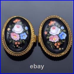 Antique Victorian English GF Jet Hand Painted Enamel Floral Cufflinks +Box