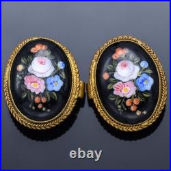 Antique Victorian English GF Jet Hand Painted Enamel Floral Cufflinks +Box