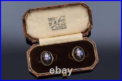 Antique Victorian English GF Jet Hand Painted Enamel Floral Cufflinks +Box