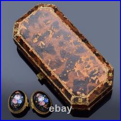 Antique Victorian English GF Jet Hand Painted Enamel Floral Cufflinks +Box