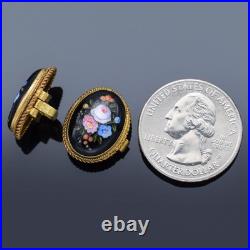 Antique Victorian English GF Jet Hand Painted Enamel Floral Cufflinks +Box