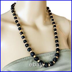 Antique Victorian English Whitby Jet Hand Carved Beads Rose Blossom Restrung