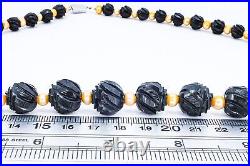 Antique Victorian English Whitby Jet Hand Carved Beads Rose Blossom Restrung