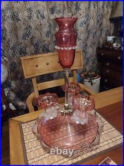 Antique Victorian Epergne 1880's Cranberry Glass With3 cups