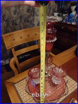Antique Victorian Epergne 1880's Cranberry Glass With3 cups