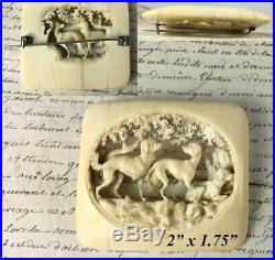 Antique Victorian Era Bohemian Hand Carved Antler or Bone Brooch, 3 Dogs, Hounds