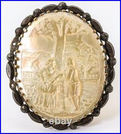 Antique Victorian Era Brooch in Mother of Pearl, Carved Scene, French Romantic
