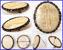 Antique Victorian Era Brooch in Mother of Pearl, Carved Scene, French Romantic