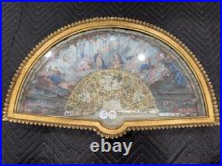 Antique Victorian Era Hand Carved with mother of pearl Hand Painted Hand Fan