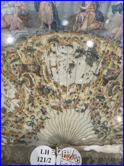 Antique Victorian Era Hand Carved with mother of pearl Hand Painted Hand Fan
