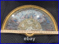 Antique Victorian Era Hand Carved with mother of pearl Hand Painted Hand Fan