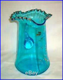 Antique Victorian Era Hand Painted Decorated Daisy Celeste Blue Glass Water Set