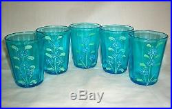 Antique Victorian Era Hand Painted Decorated Daisy Celeste Blue Glass Water Set
