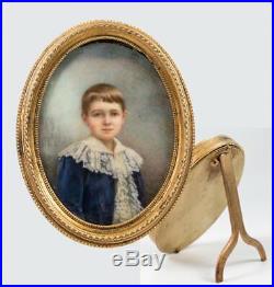 Antique Victorian Era Hand Painted Portrait Miniature of a Young Boy in Blue