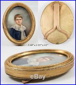 Antique Victorian Era Hand Painted Portrait Miniature of a Young Boy in Blue