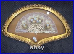 Antique Victorian Era Hand Painted on Silk Professionally Framed Hand Fan