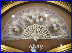 Antique Victorian Era Hand Painted on Silk Professionally Framed Hand Fan