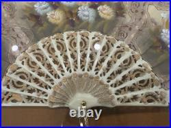 Antique Victorian Era Hand Painted on Silk Professionally Framed Hand Fan