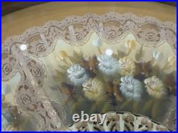 Antique Victorian Era Hand Painted on Silk Professionally Framed Hand Fan