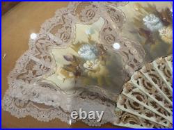 Antique Victorian Era Hand Painted on Silk Professionally Framed Hand Fan