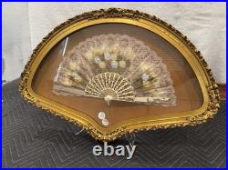 Antique Victorian Era Hand Painted on Silk Professionally Framed Hand Fan