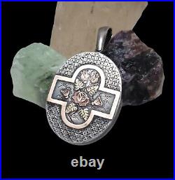 Antique Victorian Era Sterling Silver & Gold Hand Engraved Floral Inlaid Locket