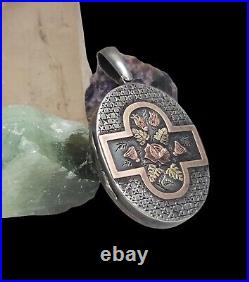 Antique Victorian Era Sterling Silver & Gold Hand Engraved Floral Inlaid Locket