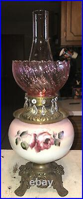 Antique Victorian FOSTORIA Hand Painted GWTW Parlor Lamp Cranberry Swirl Shade
