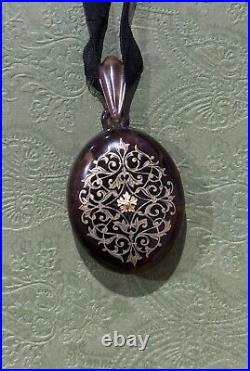 Antique Victorian Faux Tortoise Shell Locket Pendant 9k Gold Hand Carved