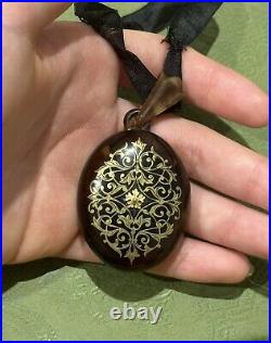 Antique Victorian Faux Tortoise Shell Locket Pendant 9k Gold Hand Carved