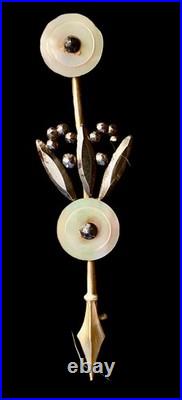 Antique Victorian Floral Brooch MOP Disc Flowers Steel Leaves Gilt Brass c. 1880 Antique Victorian Floral Brooch MOP Disc Flowers Steel Leaves Gilt Brass c. 1880