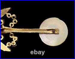 Antique Victorian Floral Brooch MOP Disc Flowers Steel Leaves Gilt Brass c. 1880