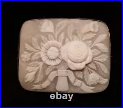 Antique Victorian Floral Cameo Sterling Silver Brooch Hand Carved Flower Bouquet