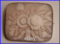 Antique Victorian Floral Cameo Sterling Silver Brooch Hand Carved Flower Bouquet