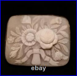 Antique Victorian Floral Cameo Sterling Silver Brooch Hand Carved Flower Bouquet