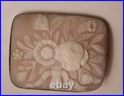 Antique Victorian Floral Cameo Sterling Silver Brooch Hand Carved Flower Bouquet