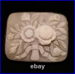 Antique Victorian Floral Cameo Sterling Silver Brooch Hand Carved Flower Bouquet