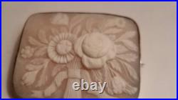 Antique Victorian Floral Cameo Sterling Silver Brooch Hand Carved Flower Bouquet