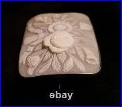 Antique Victorian Floral Cameo Sterling Silver Brooch Hand Carved Flower Bouquet