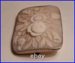 Antique Victorian Floral Cameo Sterling Silver Brooch Hand Carved Flower Bouquet