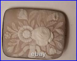 Antique Victorian Floral Cameo Sterling Silver Brooch Hand Carved Flower Bouquet