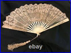 Antique Victorian Floral Lace Bone Hand Ladies Fan 1780 with box