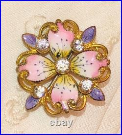 Antique Victorian Flower Brooch Enamel Pink Gold Gilded Dogwood Paste Pin
